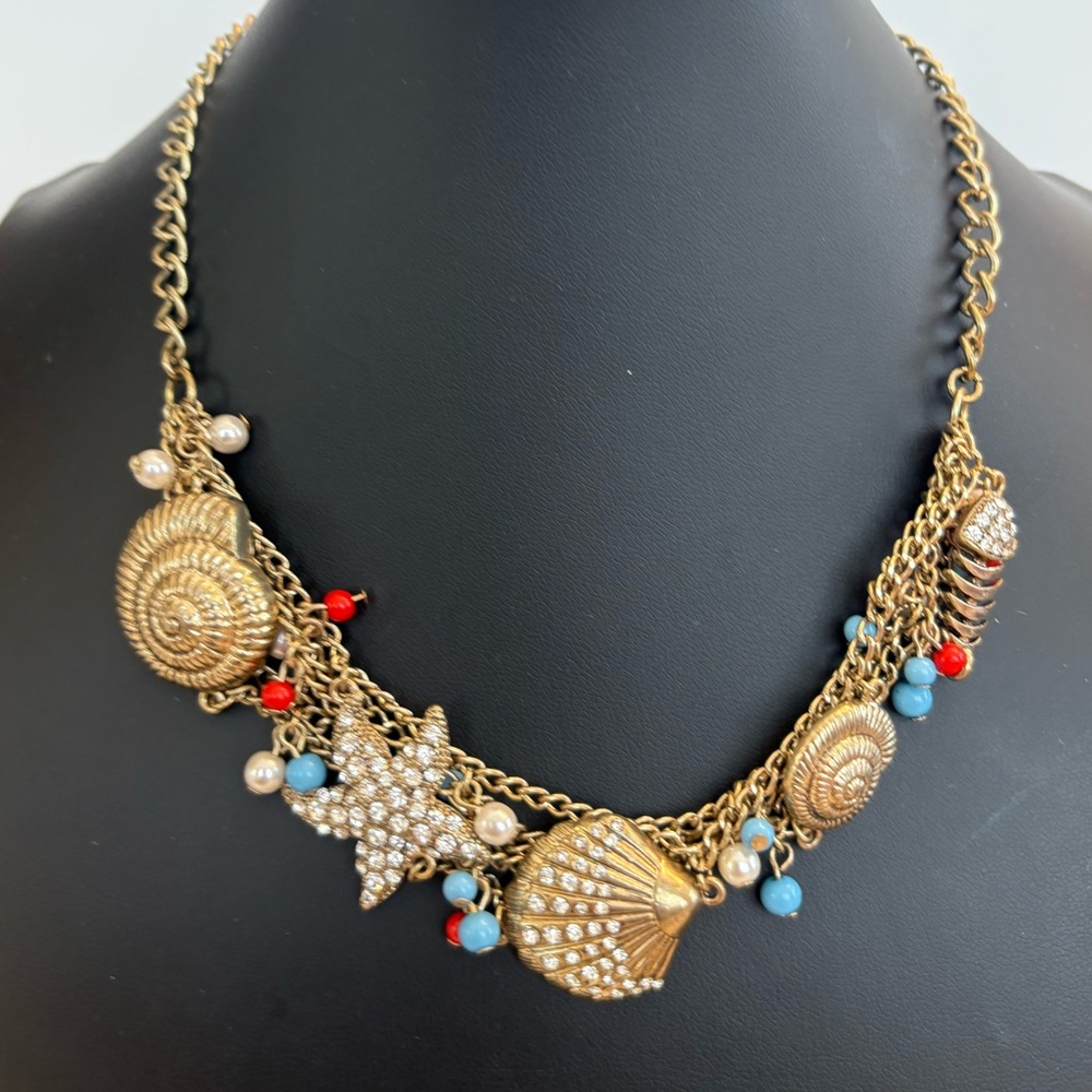 Gold Tone Seashell Statement Nautical Necklace Bi… - image 2